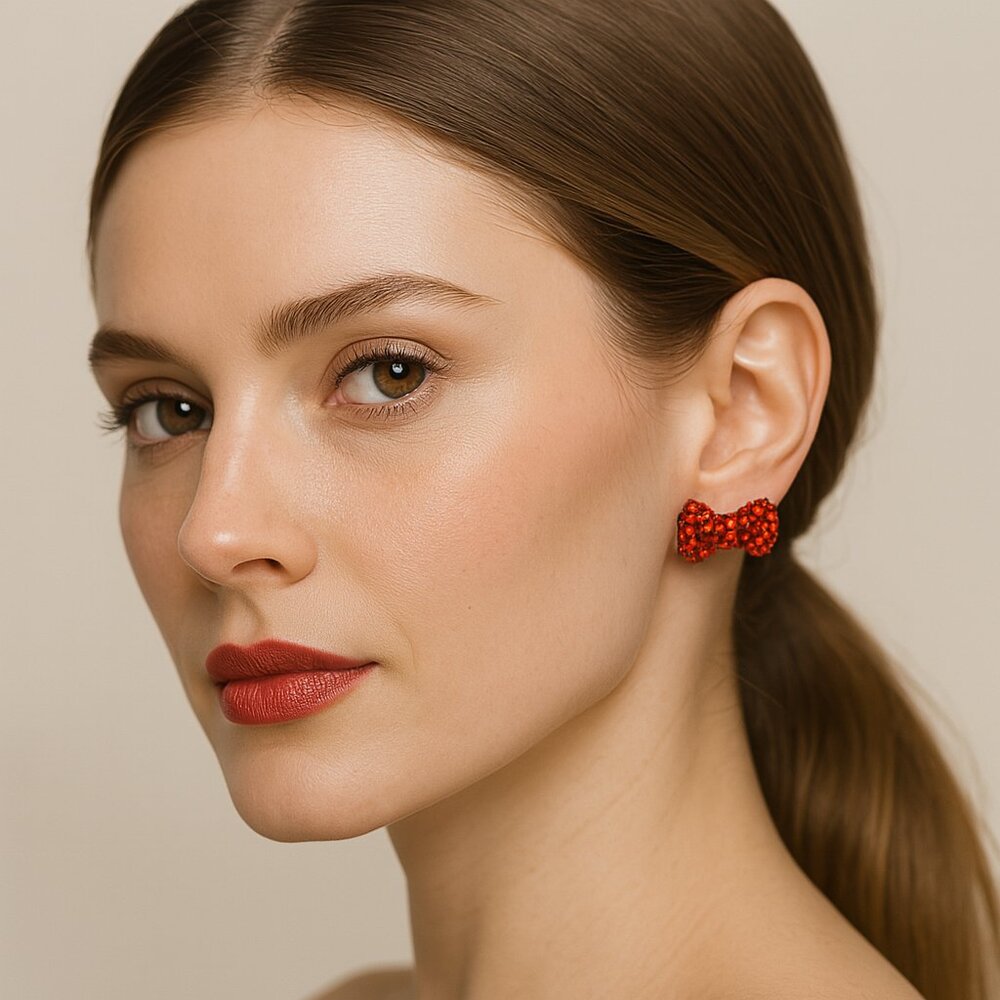 Fashion Jewelry Crystal Stud Earrings Sparkle Bows Red 1 In Wide New